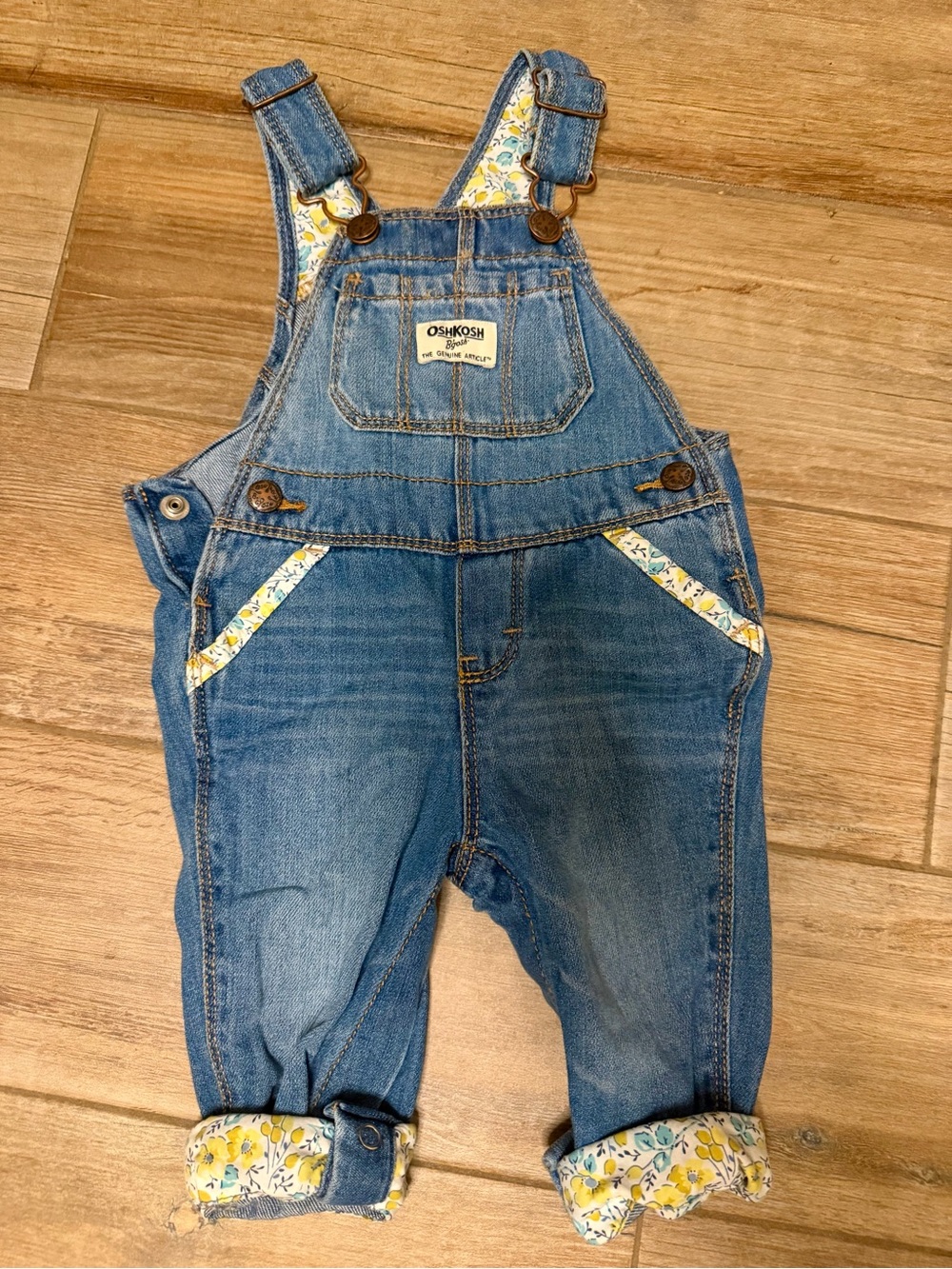 OshKosh B'gosh Blue Denim Overalls with Yellow Floral Trim